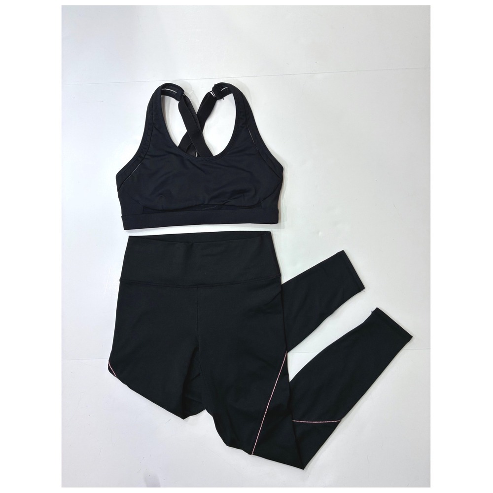 Fabletics Bundle Womens Black Pink Glitter Trim Sports Bra & Leggings Set Medium